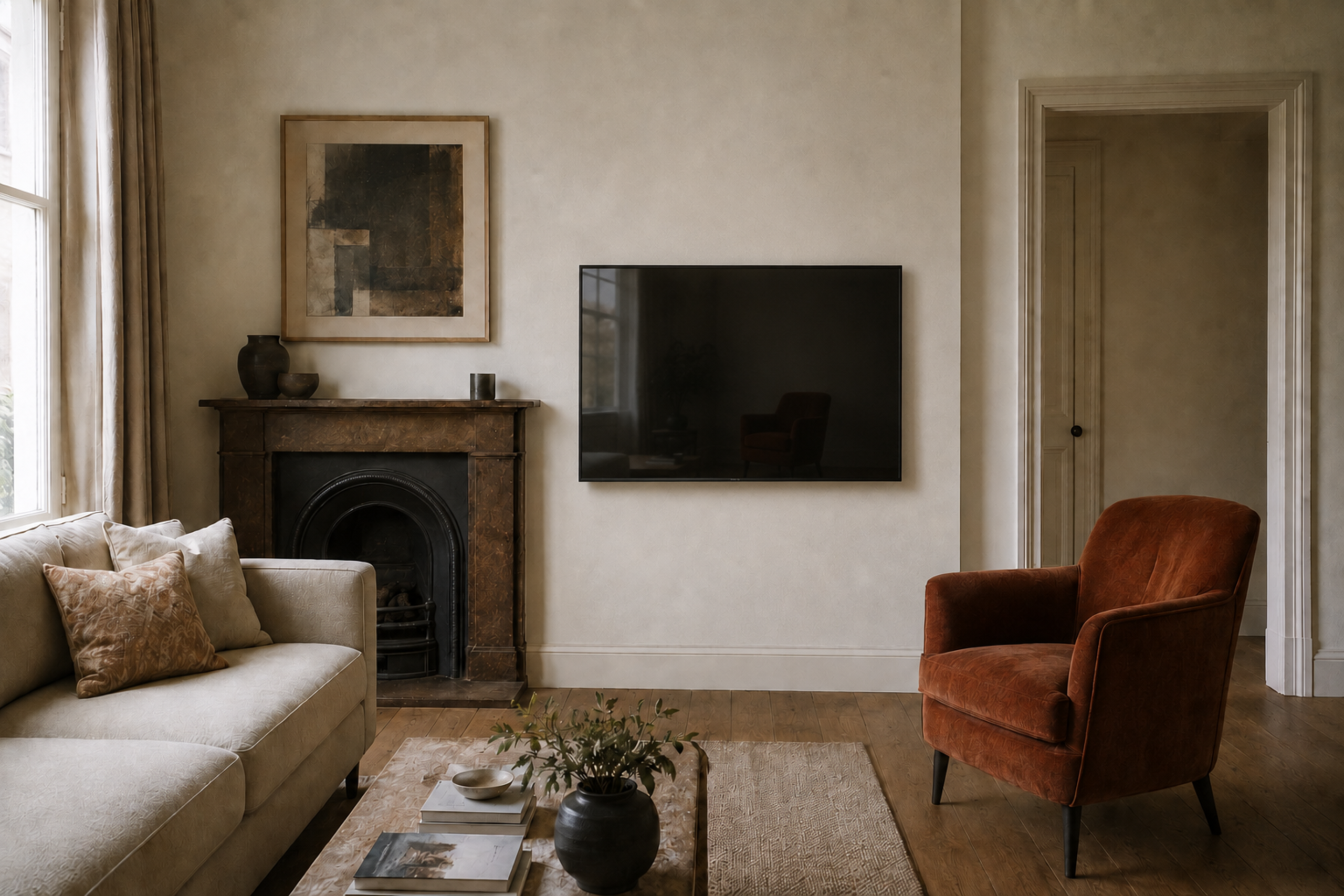 Cozy, minimalist living area with a cream sofa, a rust-orange velvet armchair, and a dark fireplace. A large flat-screen TV is mounted flush on the neutral plaster wall above.