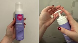 Split image of lavender Eos Shea Better 24H Moisture Shave Cream with hand pumping bottle