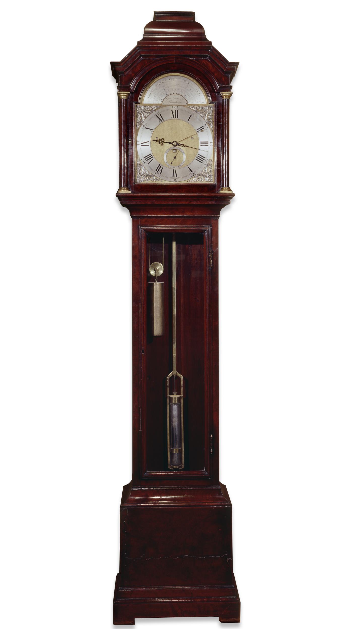 Early dark-wood grandfather clock on a white background