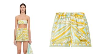 Green and yellow patterned silk shorts