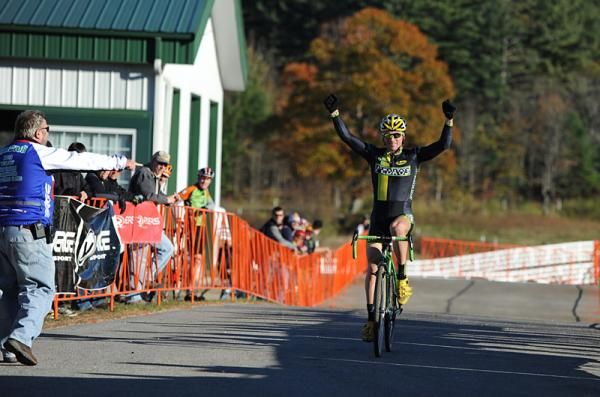 Dylan McNicholas (Pedro&rsquo;s) celebrates his first-ever UCI victory.