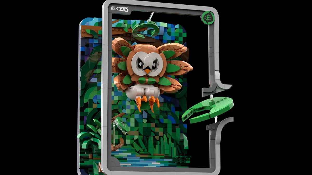 Lego Rowlett leaping from a river background