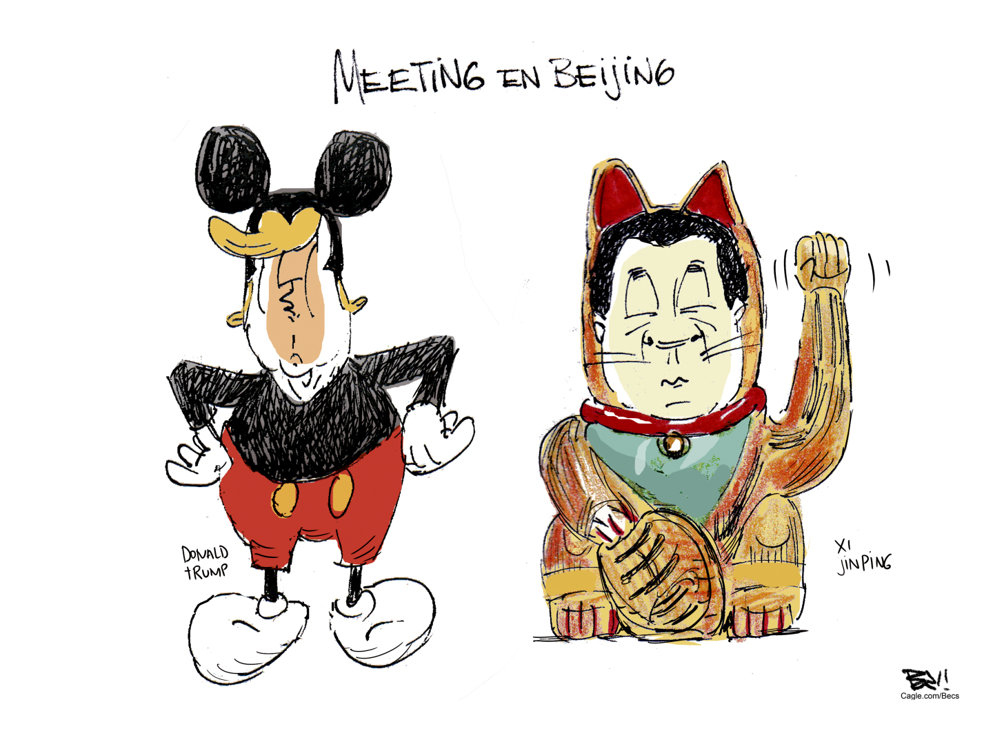 This cartoon is titled Meeting in Beijing. It depicts Donald Trump as Mickey Mouse. Xi Jinping is pictured as a wise, Asian cat with its paw waving.