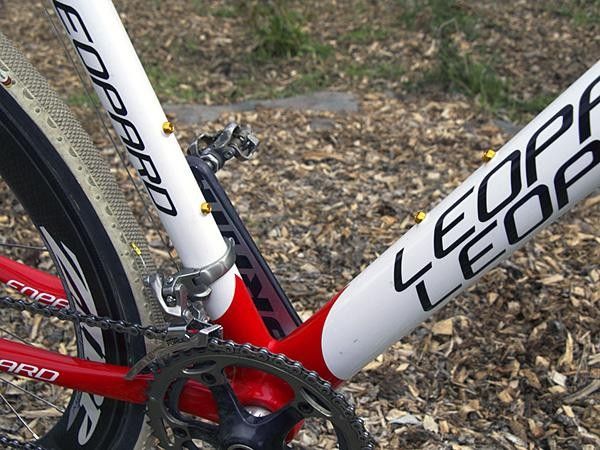 Parbo obviously doesn't race with bottle cages so the mounts are plugged with gold-anodized aluminum bolts.
