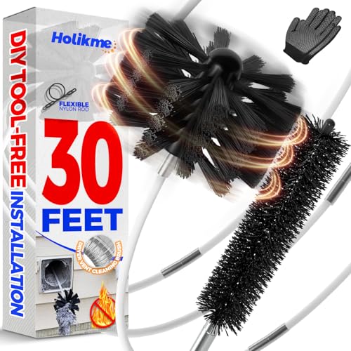 Holikme 30 Feet Dryer Vent Cleaner Kit, Flexible Lint Brush With Drill Attachment, Fireplace Chimney Brushes Extends Up to 30 Feet for Easy Cleaning, Use With or Without a Power Drill