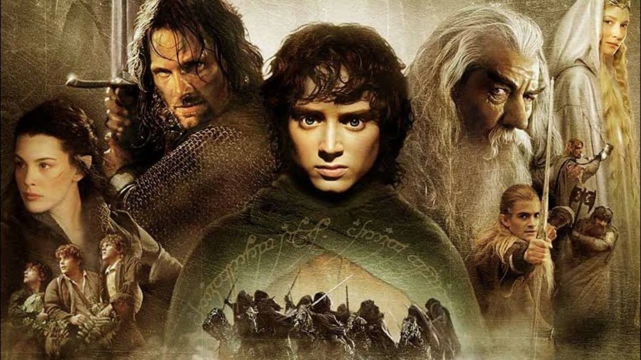 A promotional image for The Fellowship of the Ring, which shows the film's main characters