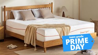 Amazon Prime Day mattress deals guide image shows a couple sleeping on a Siena Memory Foam Mattress placed on a wooden bed frame, with a blue Prime Day sales badge overlaid in the bottom right hand corner