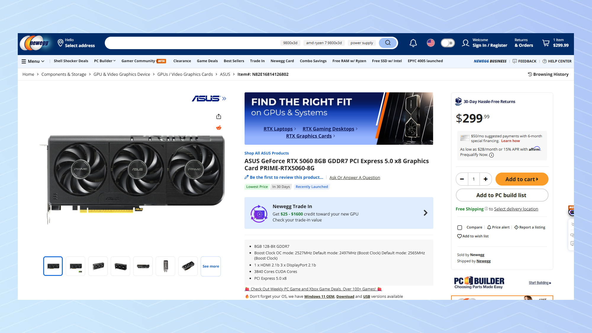 RTX 5060 listing on sale at Newegg