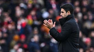 Arsenal's Spanish manager Mikel Arteta applauds at the end of the English Premier League football match between Arsenal and Crystal Palace at the Emirates Stadium in London on January 20, 2024. Arsenal wins 5 - 0 against Crystal Palace. (Photo by Ben Stansall / AFP) / RESTRICTED TO EDITORIAL USE. No use with unauthorized audio, video, data, fixture lists, club/league logos or 'live' services. Online in-match use limited to 120 images. An additional 40 images may be used in extra time. No video emulation. Social media in-match use limited to 120 images. An additional 40 images may be used in extra time. No use in betting publications, games or single club/league/player publications. / (Photo by BEN STANSALL/AFP via Getty Images)