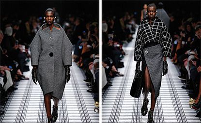 Models on a catwalk featuring a pebbly white jacquard dress with a prim pencil skirt was cut with a dramatically sexy décolletage trimmed in white and grey mink.