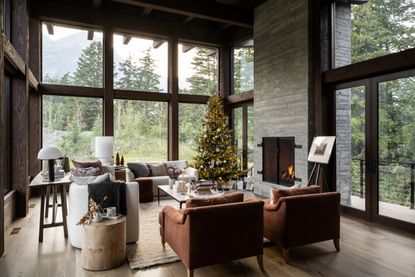 A Christmas tree in a modern living room