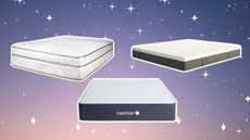Best mattresses graphic with purple pink background with sparkles, and three types of mattresses floating on the background