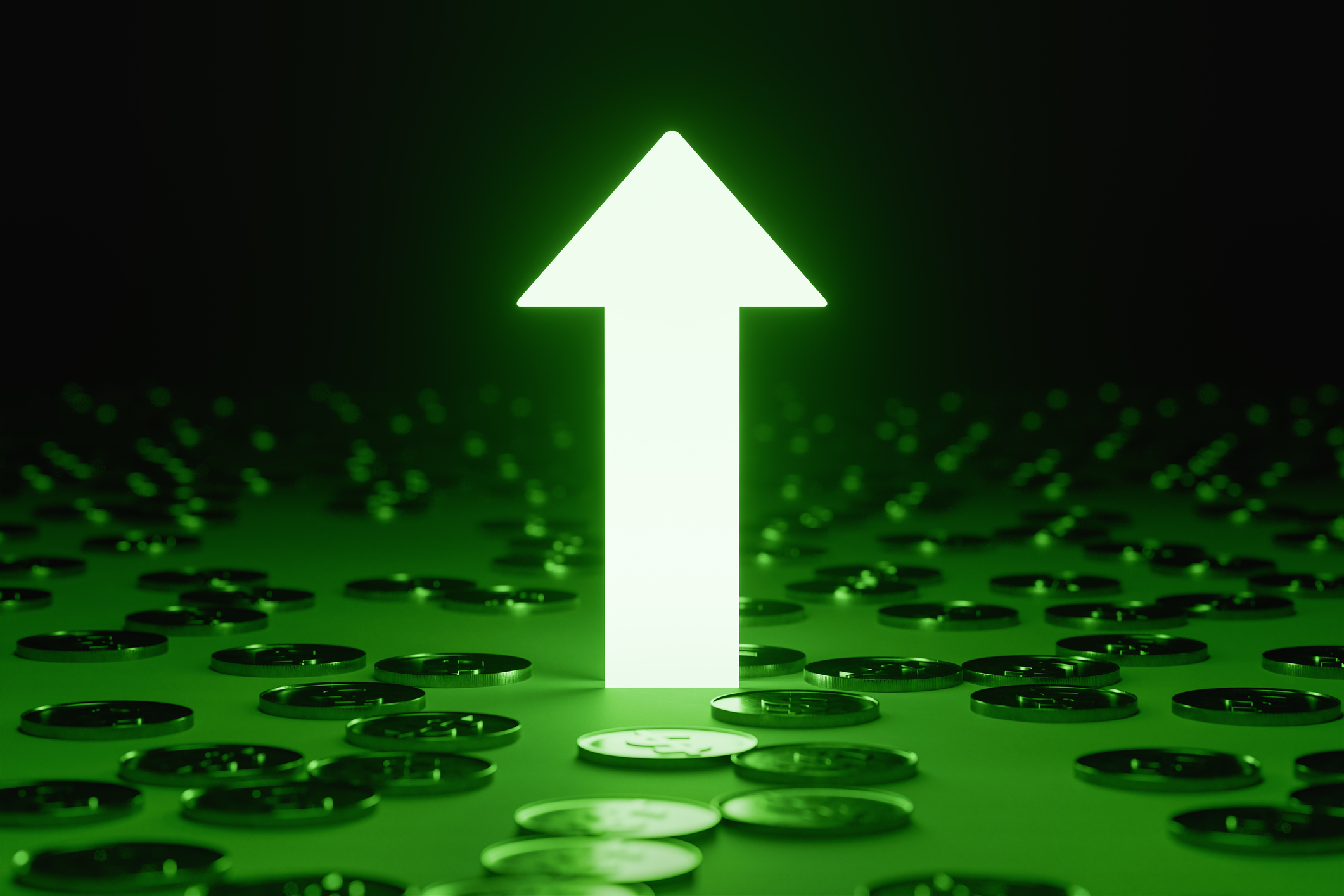 Glowing green upward arrow rises from scattered coins in dramatic dark setting.