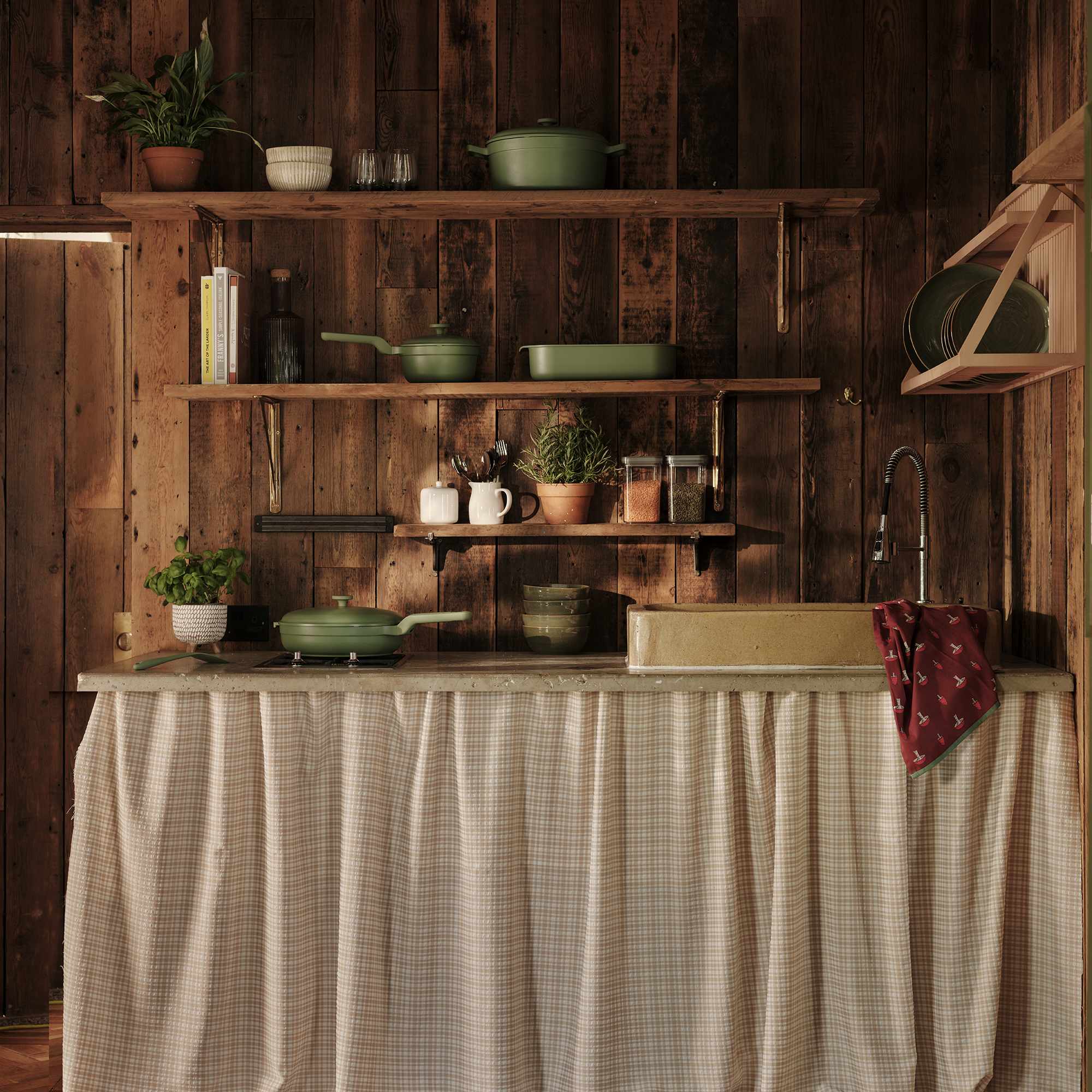 George ASDA green cookware range in wood kitchen