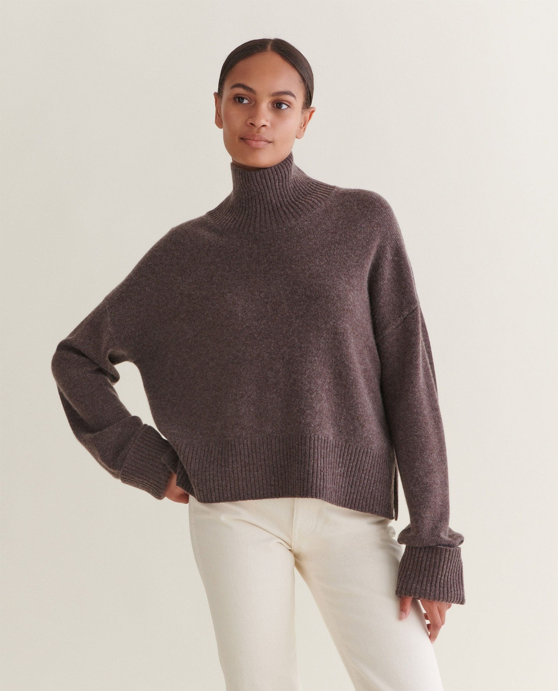Chocolate Cashmere Merino High Neck Jumper | Rise & Fall