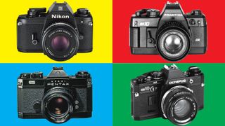 Four automatic 35mm SLRs on colored grid background