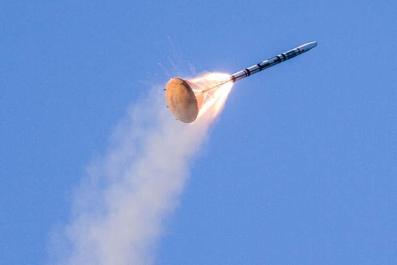 Copenhagen Suborbitals' Launch Escape System rocket starts to spin out of control over the Baltic Sea on August 12, 2012.