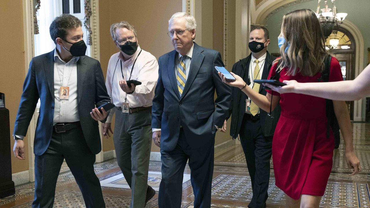 Senate Minority Leader Mitch McConnell (R-Ky.) walks to his office at the U.S. Capitol on Oct. 06, 2021, in Washington, D.C.