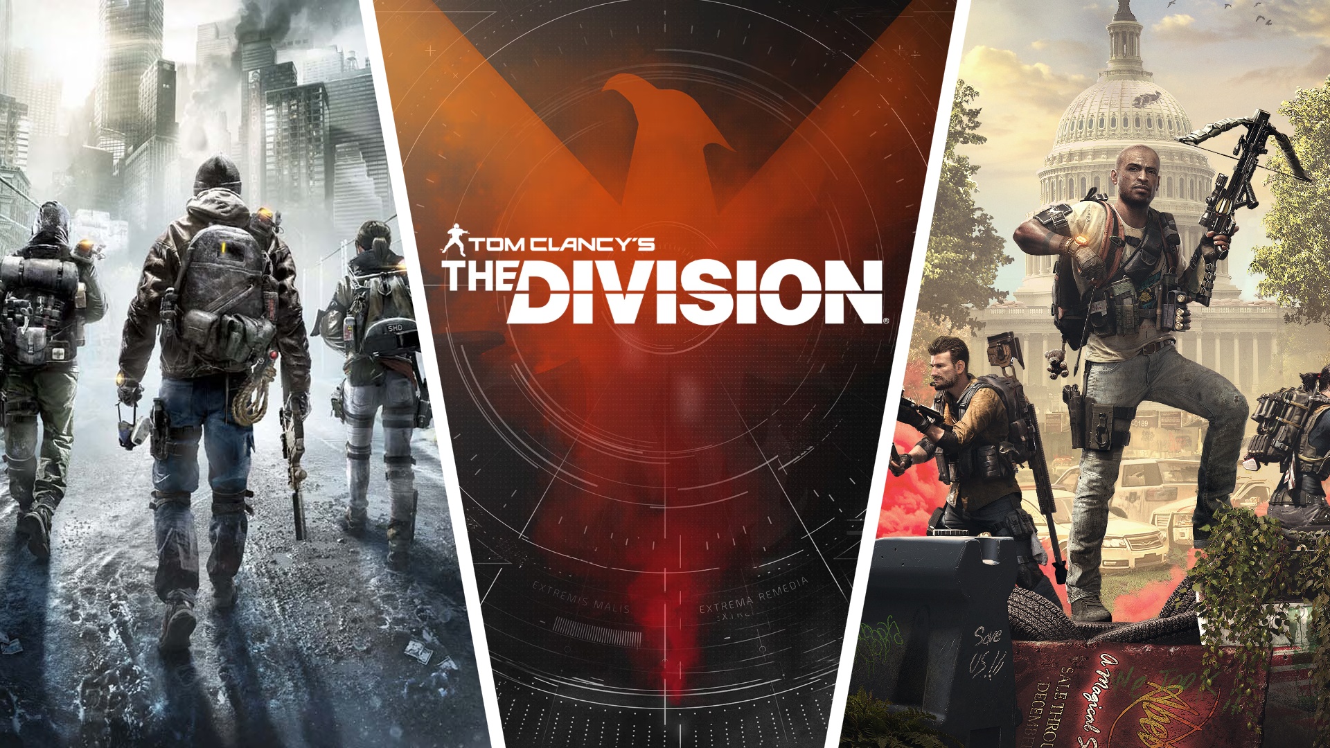 Three-way title art consisting of key art from Tom Clancy's The Division 1 and The Division 2