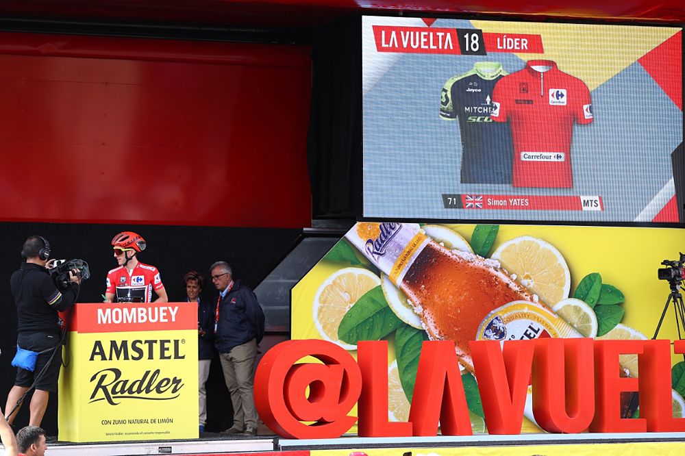 Simon Yates (Mitchelton-Scott) signs in for the start of stage 11 at the Vuelta a Espana