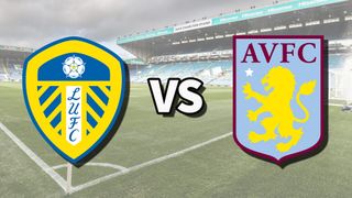 The Leeds United and Aston Villa club badges on top of a photo of Elland Road stadium in Leeds, England