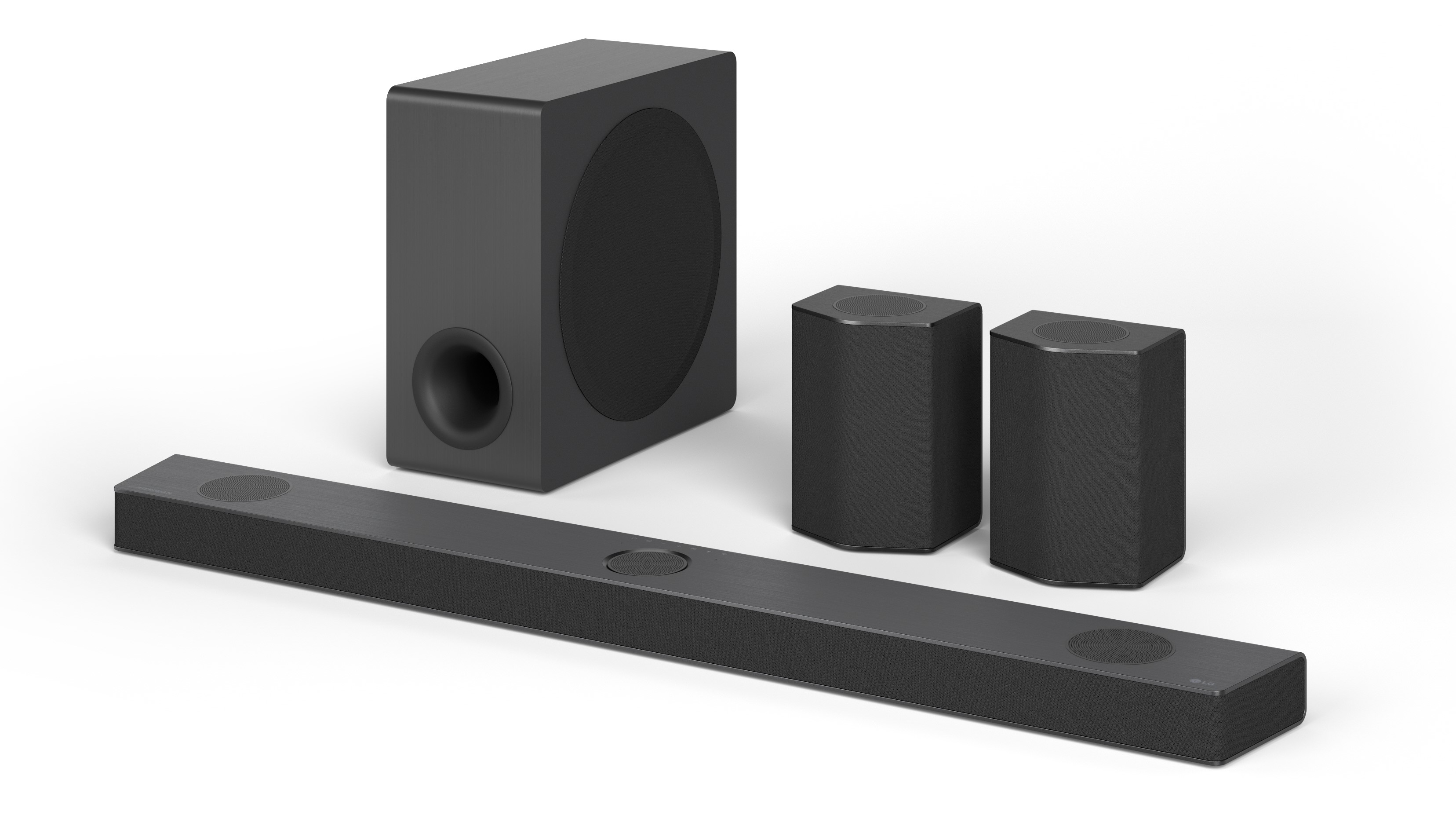 LG S95QR Sound Bar with surround speakers and subwoofer in black on a white background