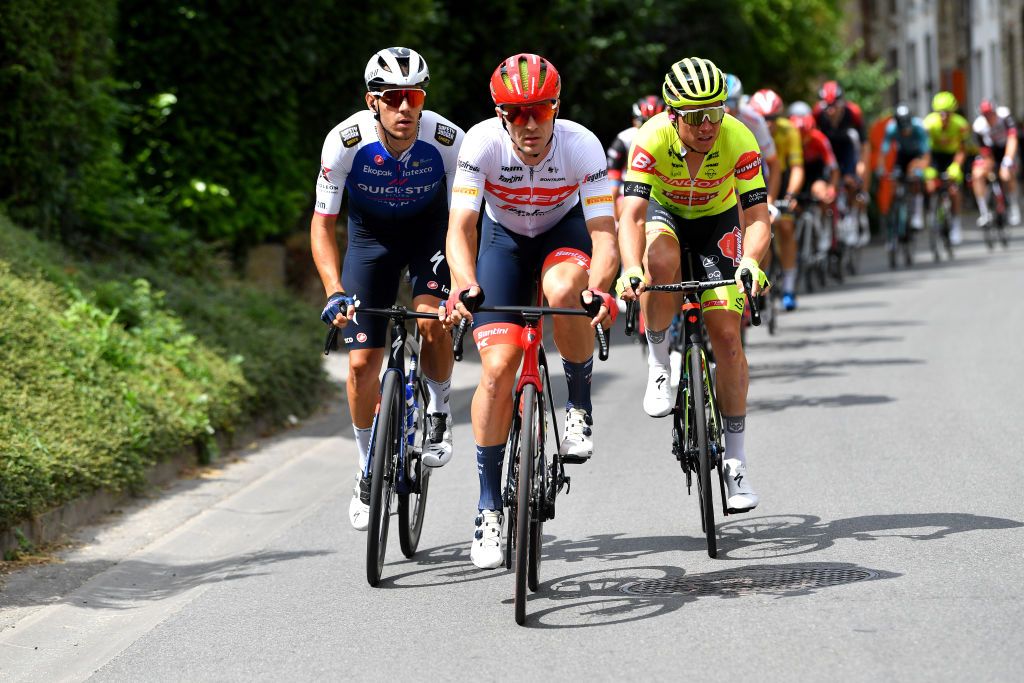 CHAPELLELEZHERLAIMONT BELGIUM JULY 27 LR Davide Ballerini of Italy and Team QuickStep Alpha Vinyl Edward Theuns of Belgium and Team Trek Segafredo and 2 of Belgium and Team Bingoal Pauwels Sauces Wb compete in the breakaway during the 43rd Ethias Tour de Wallonie 2022 Stage 5 a 2148km stage from Le RoeulxChapellelezHerlaimont ethiastourdewallonie22 on July 27 2022 in ChapellelezHerlaimont Belgium Photo by Luc ClaessenGetty Images