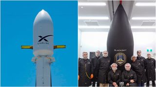 A white rocket topped with a payload fairing stands on the launch pad in a close-up set against a blue sky on the left. A black rocket fairing in a room with people dressed in black standing in front.