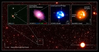 The supernova iPTF16geu located in an image by the Palomar 48-inch telescope in California. The first photo shows an image of the area from the San Diego Sky Survey, and Hubble Space Telescope images reveal a foreground galaxy and the faraway supernova, whose light bent around the galaxy to arrive at Hubble four different times. An image of the supernova from the Keck telescope is also included.
