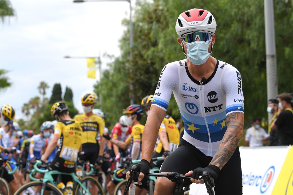 NICE FRANCE AUGUST 29 Start Giacomo Nizzolo of Italy and NTT Pro Cycling Team Nice City during the 107th Tour de France 2020 Stage 1 a 156km stage from Nice Moyen Pays to Nice TDF2020 LeTour on August 29 2020 in Nice France Photo by Tim de WaeleGetty Images