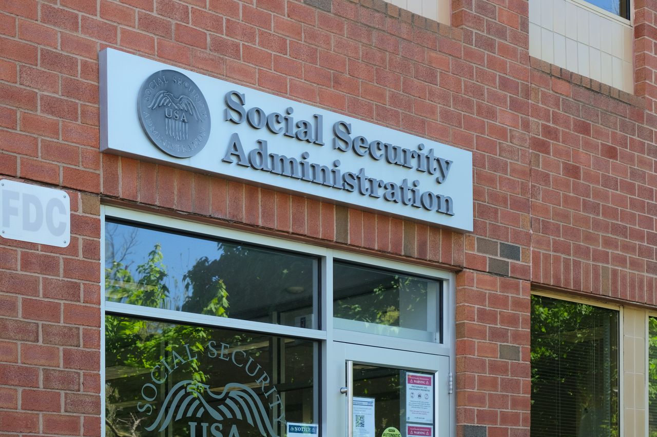 Massachusetts, USA - 10 May 2024. General view of Social Security Administration sign on building wall