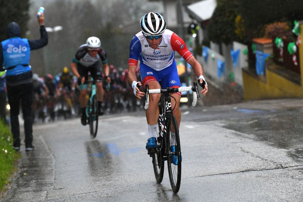 CASTELFIDARDO ITALY MARCH 14 Valentin Madouas of France and Team Groupama FDJ during the 56th TirrenoAdriatico 2021 Stage 5 a 205km stage from Castellalto to Castelfidardo 175m Rain TirrenoAdriatico on March 14 2021 in Castelfidardo Italy Photo by Tim de WaeleGetty Images