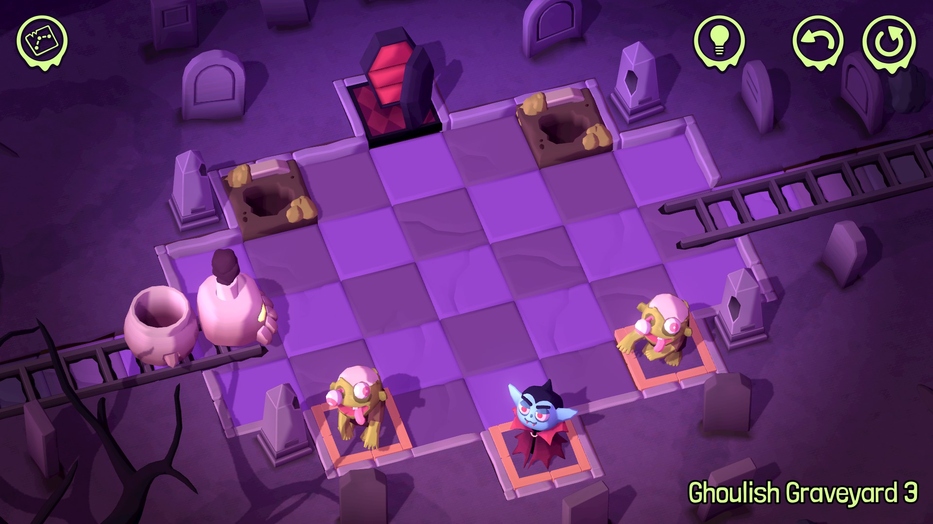 Spooky Express screenshot showing an isometric board with two zombie passengers and one vampire passenger, and a skeleton train with one carriage