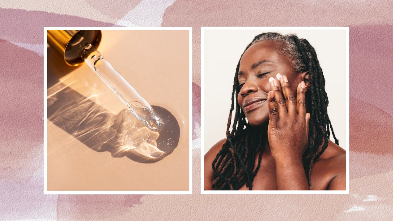 A close up of a pipette/serum life with a clear gel liquid alongside a picture of woman applying cream to her cheek to demonstration hyaluronic acid stacking/layering/ in a pink and purple watercolour template