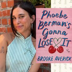 a split image of author comedian brooke averick wearing a striped top and smiling opposite the cover of her novel phoebe berman's gonna lose it