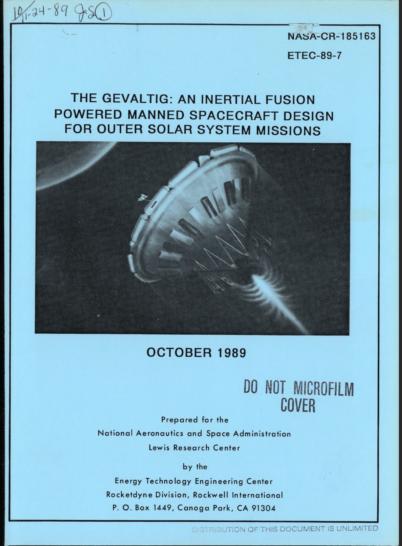 The cover of a 1989 NASA Lewis Research Center study of inertial confinement fusion propulsion.