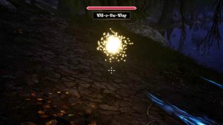 Oblivion will-o-the-wisps: One of these ghost-like enemies on a cobbled path next to a river.