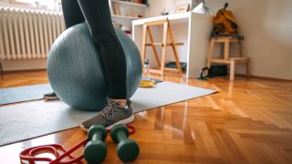 Gym ball and dumbbells on floor