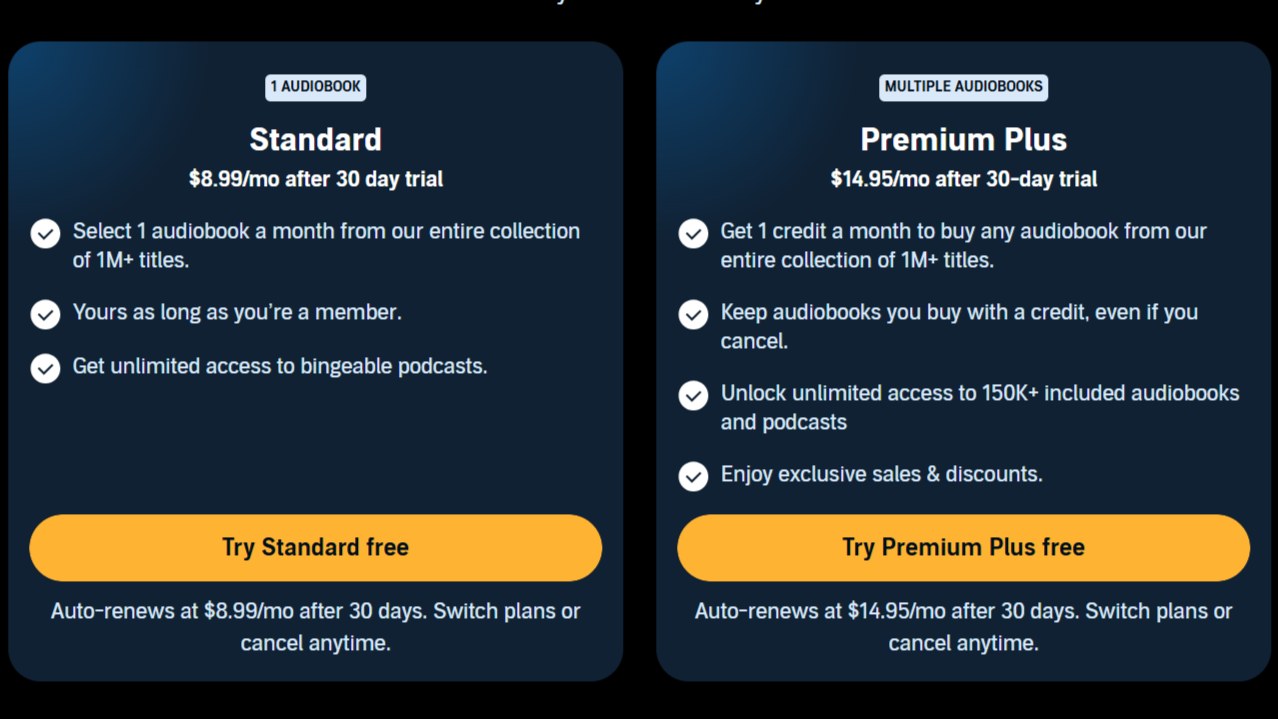 A screenshot from Audible's website showing the difference between the Standard and Premium plans