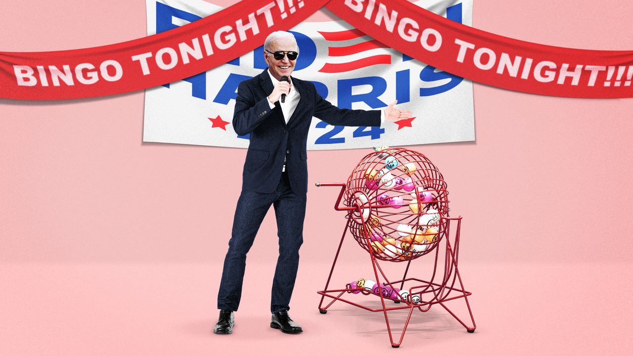 Illustration of Joe Biden hosting a bingo event