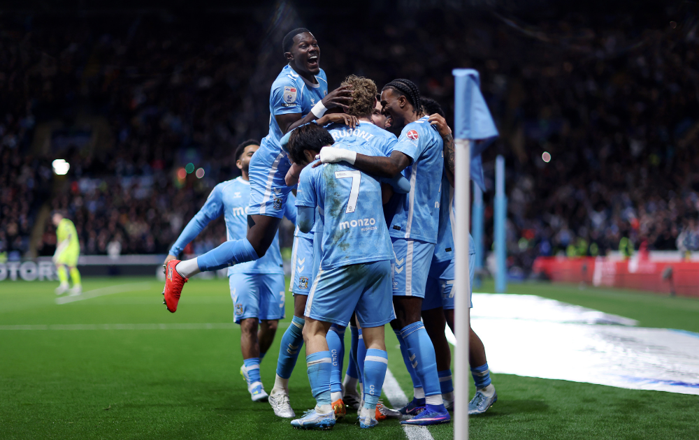Jack Rudoni of Coventry City celebrates after scoring his teams second goal during the Sky Bet Championship match between Coventry City and Derby County at The Coventry Building Society Arena