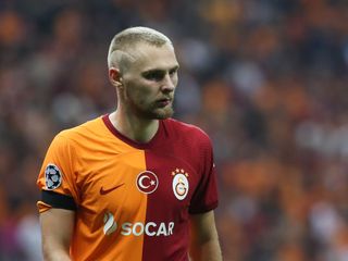 Victor Nelsson of Galatasaray looks on during the UEFA Champions League match between Galatasaray A.S. and F.C. Copenhagen at Ali Sami Yen Arena on September 20, 2023 in Istanbul, Turkey.