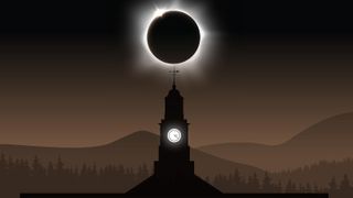 An illustration of a total solar eclipse over a clock tower