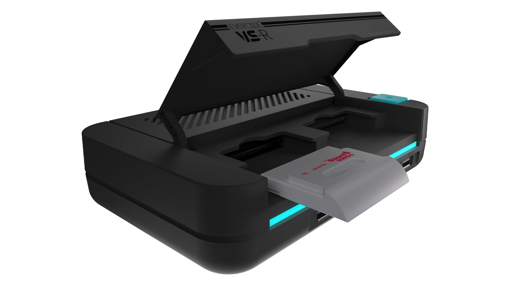 Best retro game consoles; a close up photo of the Evercade on a white backdrop