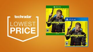 Cyberpunk 2077 PS4 and Xbox One box on orange background with lowest price badge