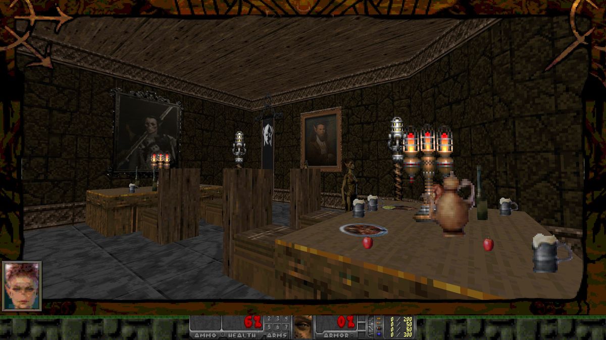 Screenshot of Githmap Doom WAD showing Baldur's Gate 3 assets made into sprites in a Doom map with various medieval accoutrements under an alien sky