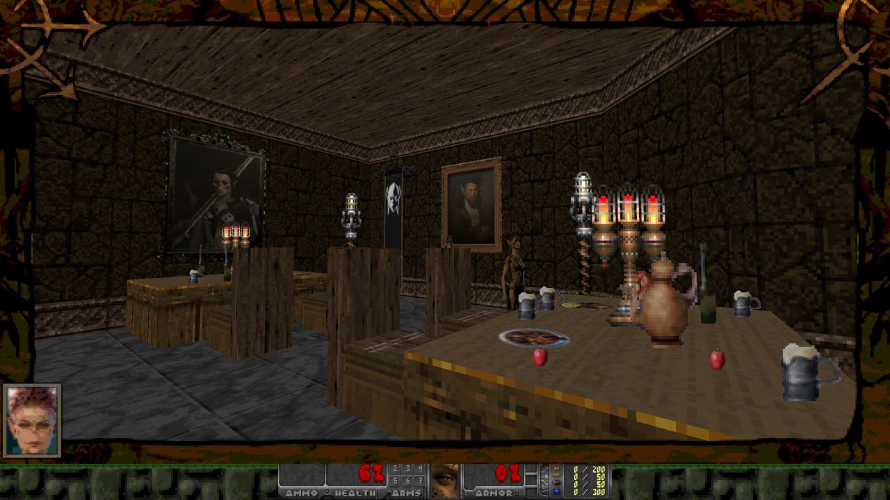 Screenshot of Githmap Doom WAD showing Baldur's Gate 3 assets made into sprites in a Doom map with various medieval accoutrements under an alien sky