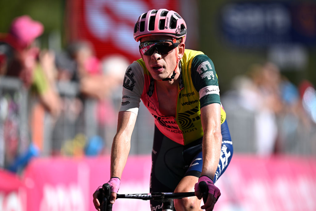 VAL DI ZOLDO PALAFAVERA ITALY MAY 25 Hugh Carthy of The United Kingdom and Team EF EducationEasyPost crosses the finish line during the 106th Giro dItalia 2023 Stage 18 a 161km stage from Oderzo to Val di Zoldo Palafavera 1514m UCIWT on May 25 2023 in Val di Zoldo Palafavera Italy Photo by Stuart FranklinGetty Images