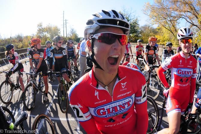 Meredith Miller (Cal Giant Berry Farms/ Specialized) cutting up before the race