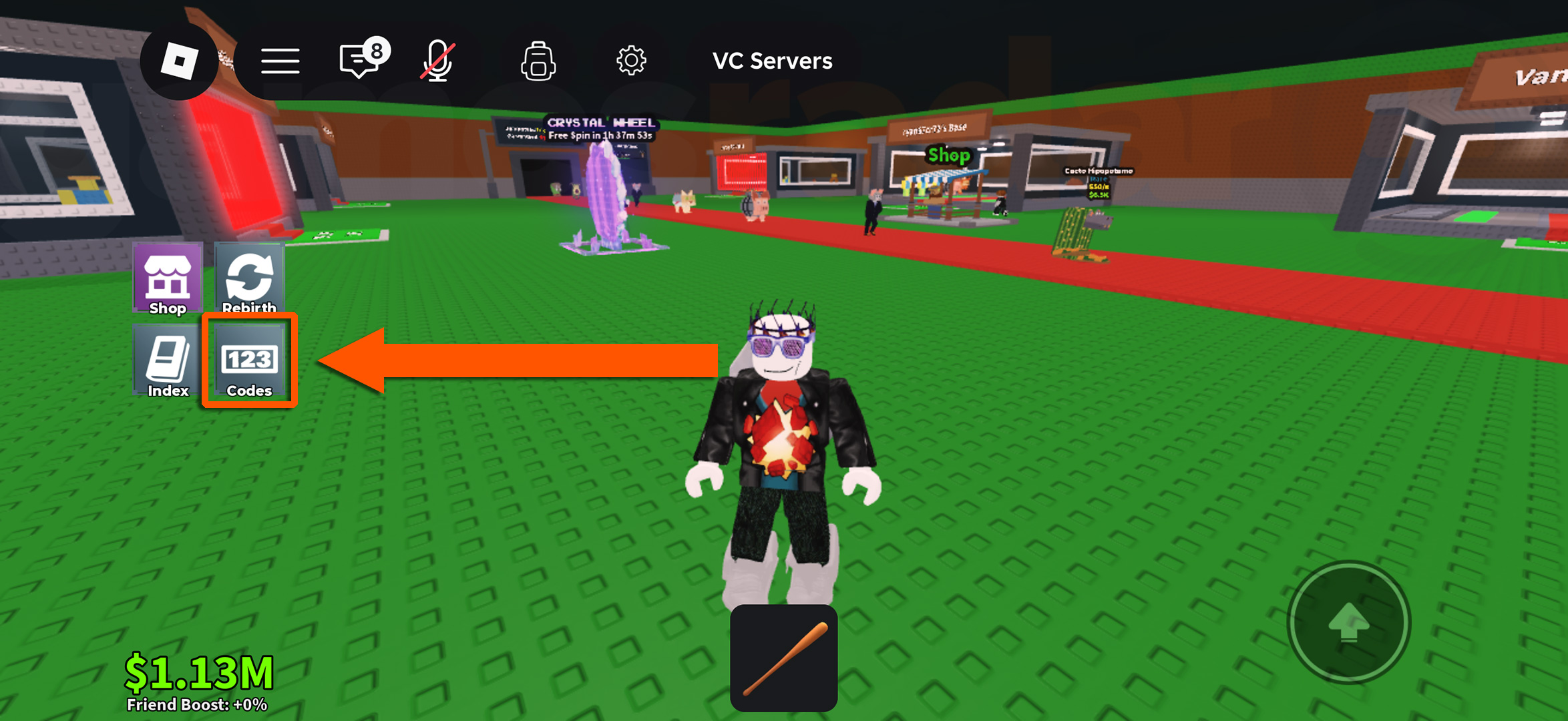 An orange arrow showing how to access the menu to redeem Steal a Brainrot codes